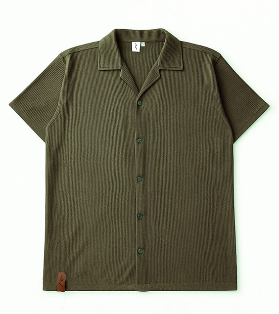 Cuban Collar Waffle Knitted Shirt - Green