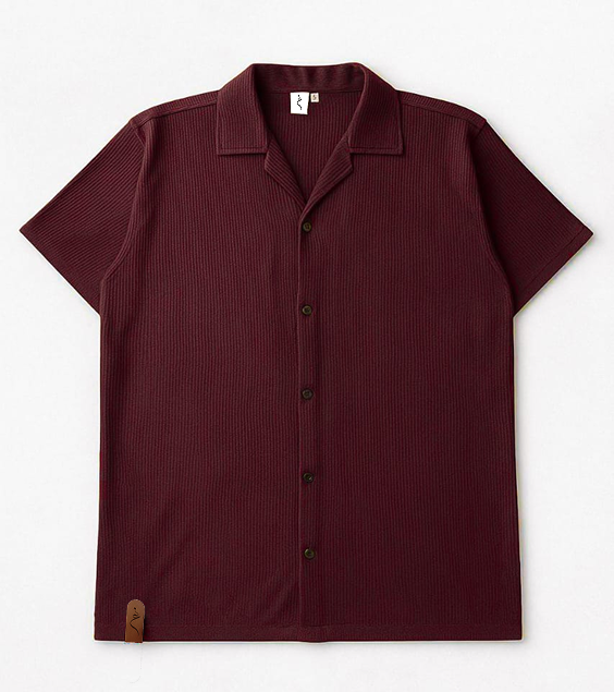 Cuban Collar Waffle Knitted Shirt - Maroon