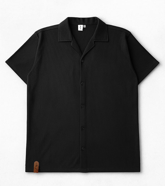 Cuban Collar Waffle Knitted Shirt - Black