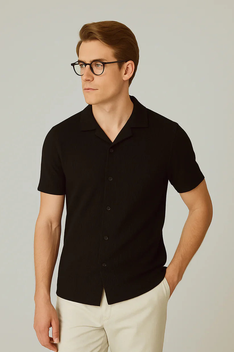 Cuban Collar Waffle Knitted Shirt - Black