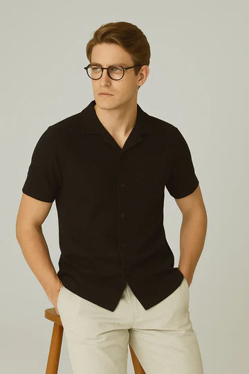 Cuban Collar Waffle Knitted Shirt - Black