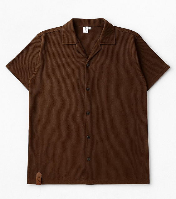 Cuban Collar Waffle Knitted Shirt - Brown
