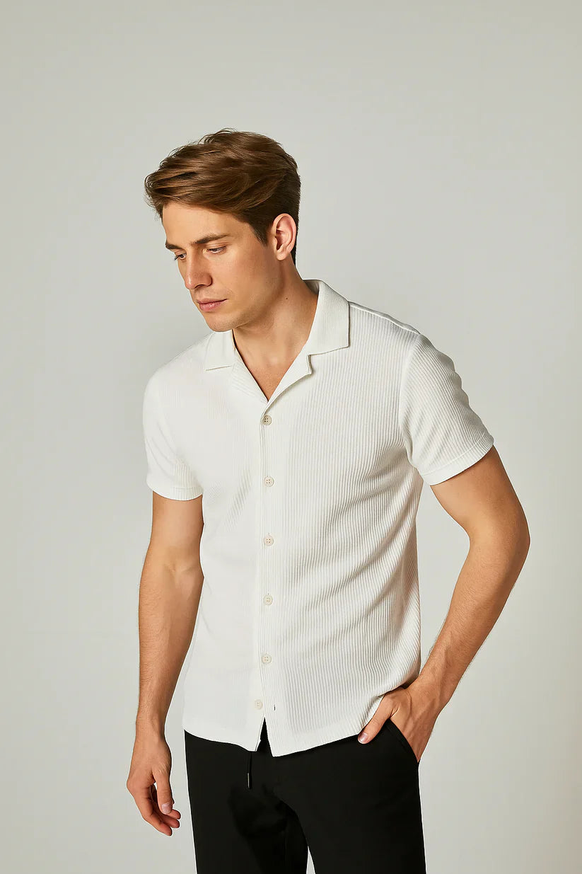 Cuban Collar Waffle Knitted Shirt - White