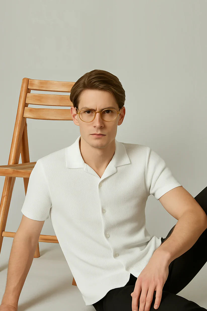 Cuban Collar Waffle Knitted Shirt - White