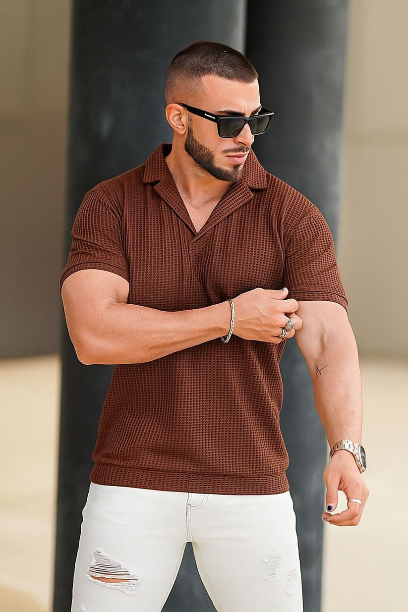 Premium Waffle Knitted Polo - Brown
