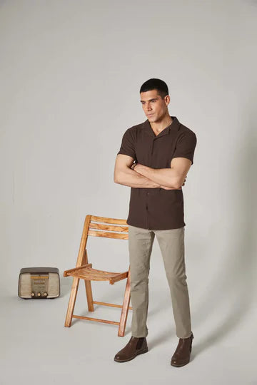 Cuban Collar Waffle Knitted Shirt - Brown