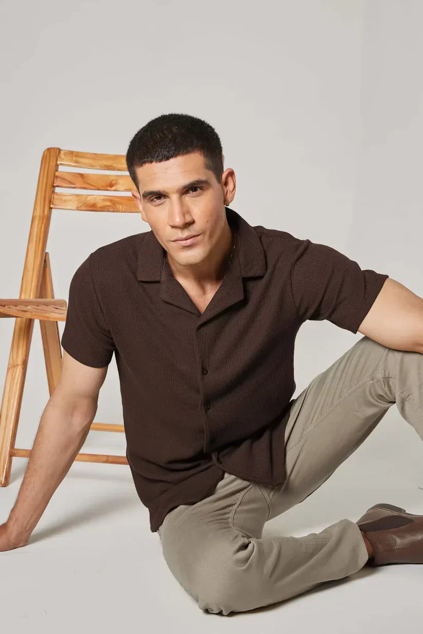 Cuban Collar Waffle Knitted Shirt - Brown