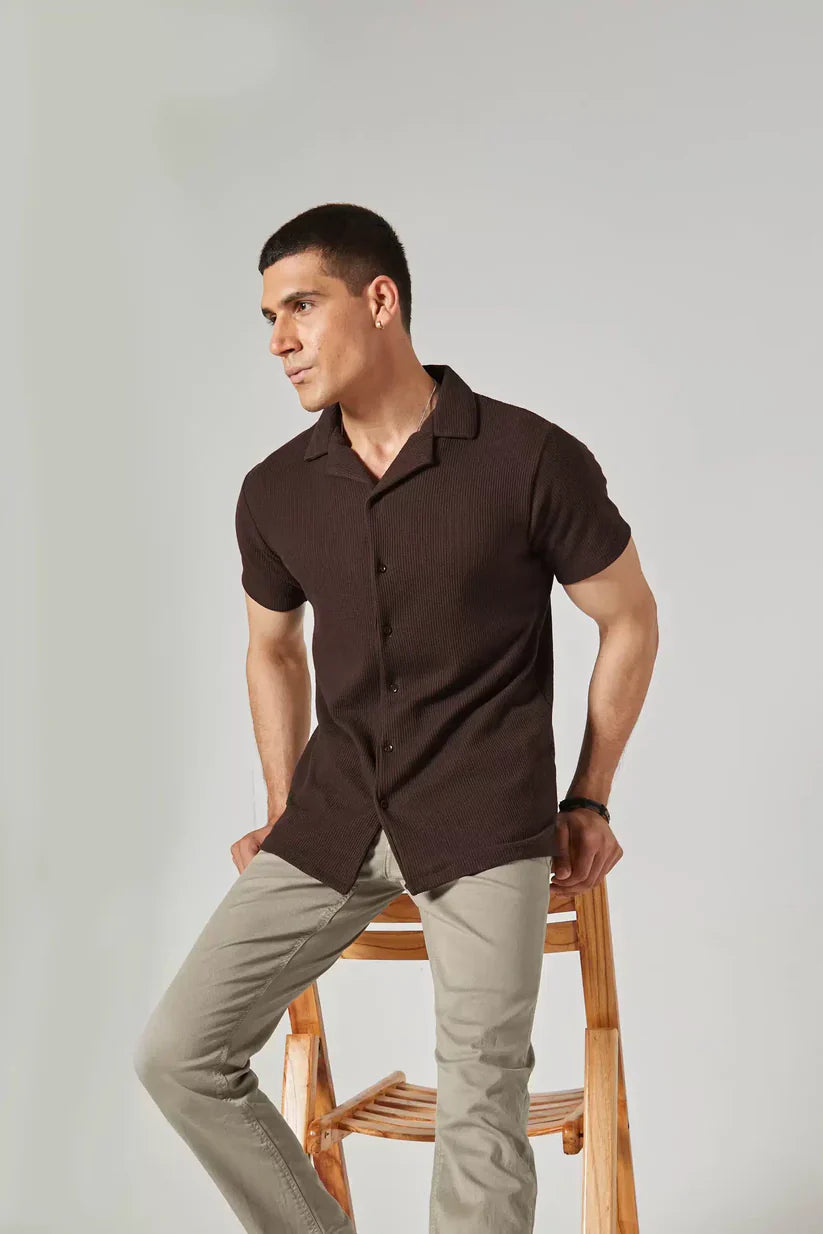 Cuban Collar Waffle Knitted Shirt - Brown
