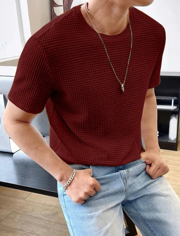 Waffle Knitted T shirt - Maroon