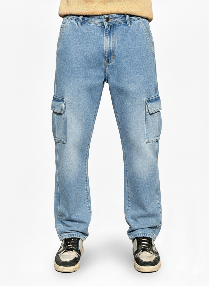Oversized denim cargo baggy fit pants | Light Blue