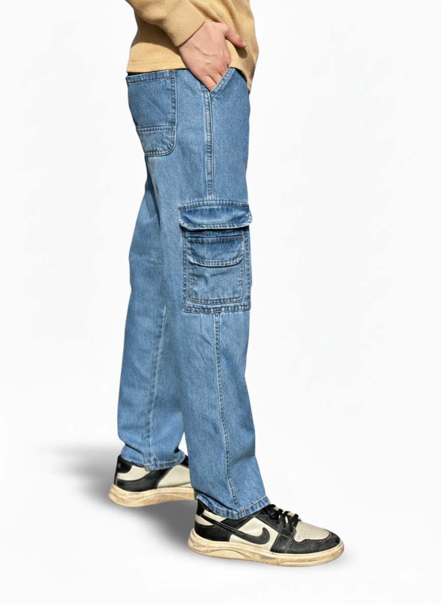 Oversized denim cargo baggy fit pants | Light Blue